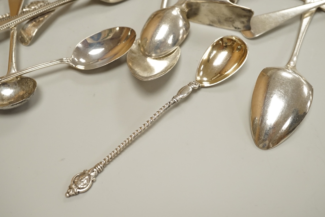 A small collection of assorted mainly 19th century silver flatware, including teaspoons, dessert forks, condiment spoons, serving spoon, etc. various dates and makers, 21.6oz.